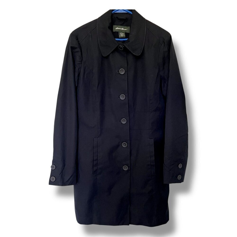 EDDIE BAUER Women's Black Mid Length Classic Vintage Trench Coat Pockets Medium